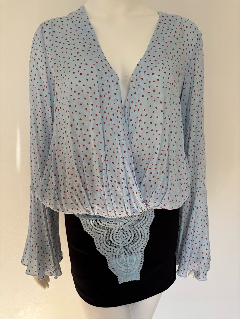 Free People Light Blue Blouse with Rust Polka Dots